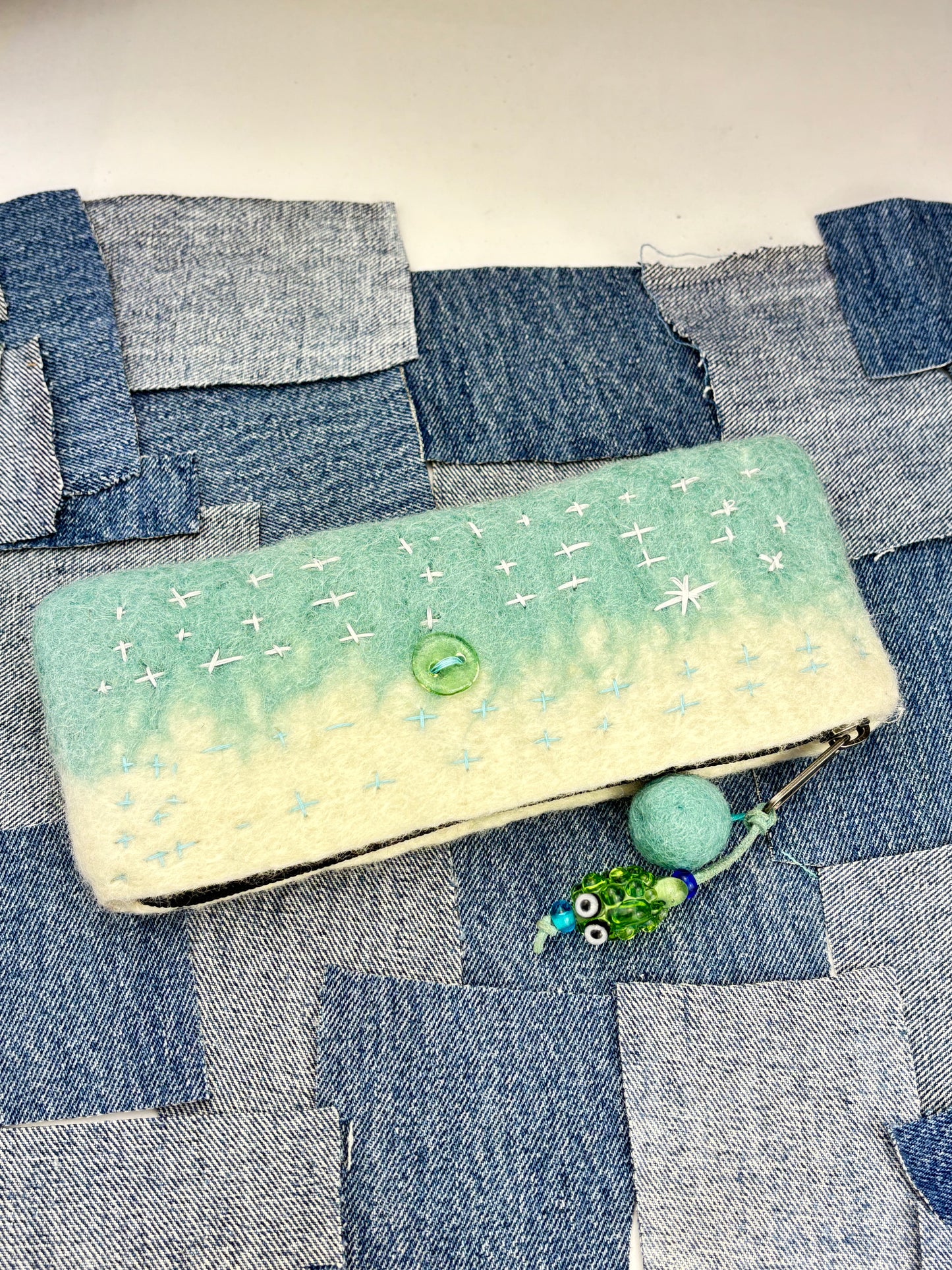 Wool Sashiko long zipper wallet