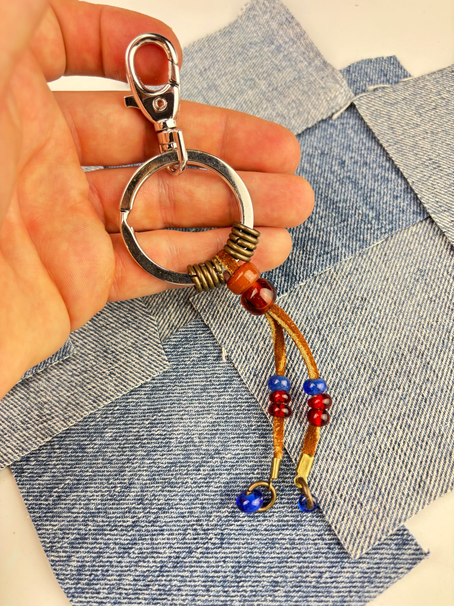 Glass bead and leather key chain
