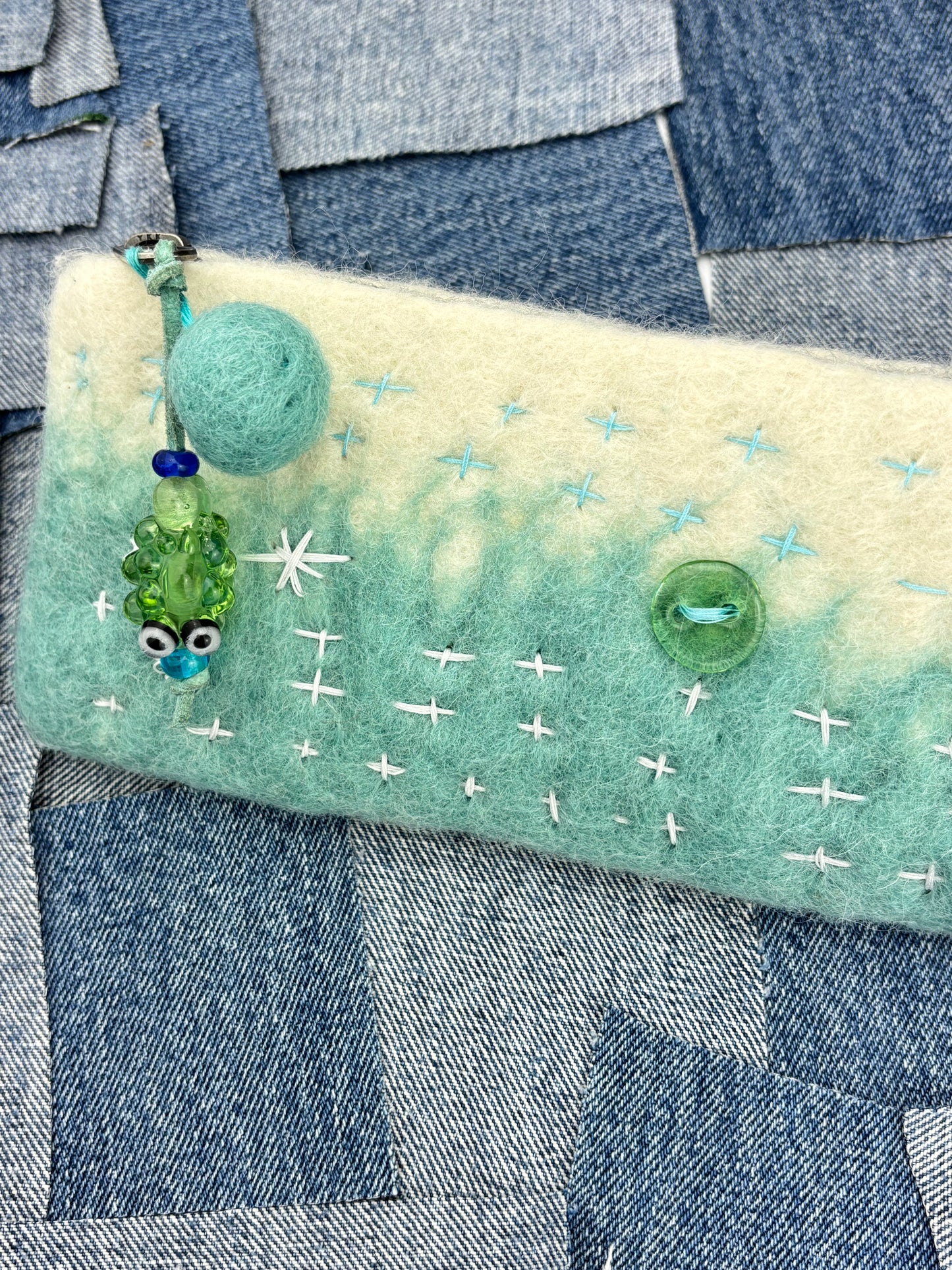 Wool Sashiko long zipper wallet