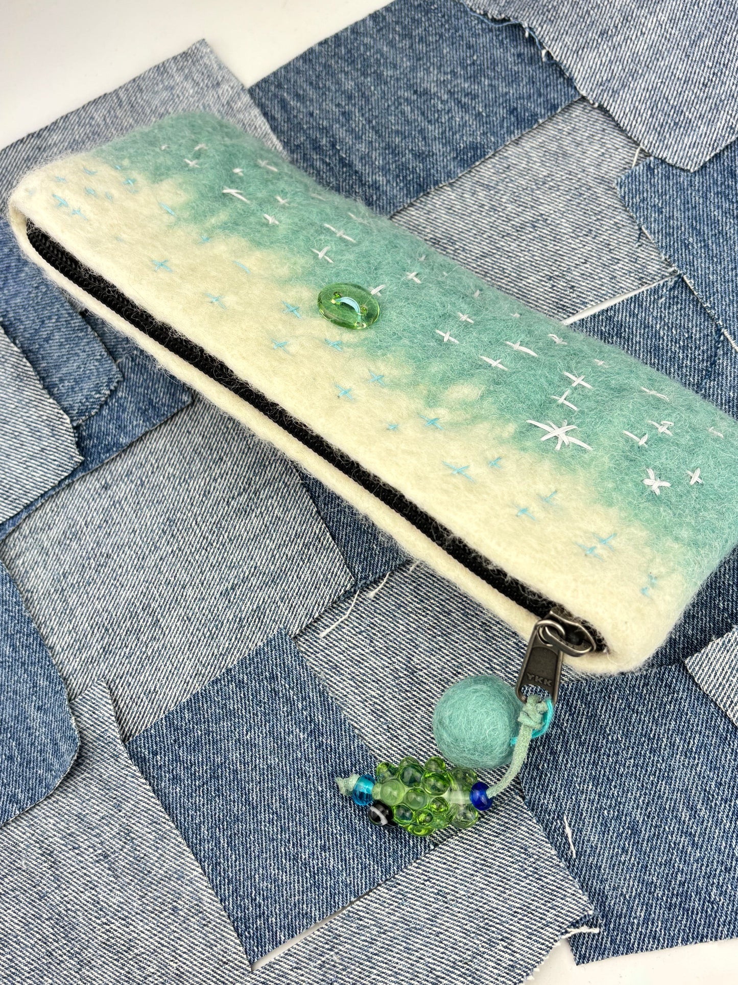 Wool Sashiko long zipper wallet