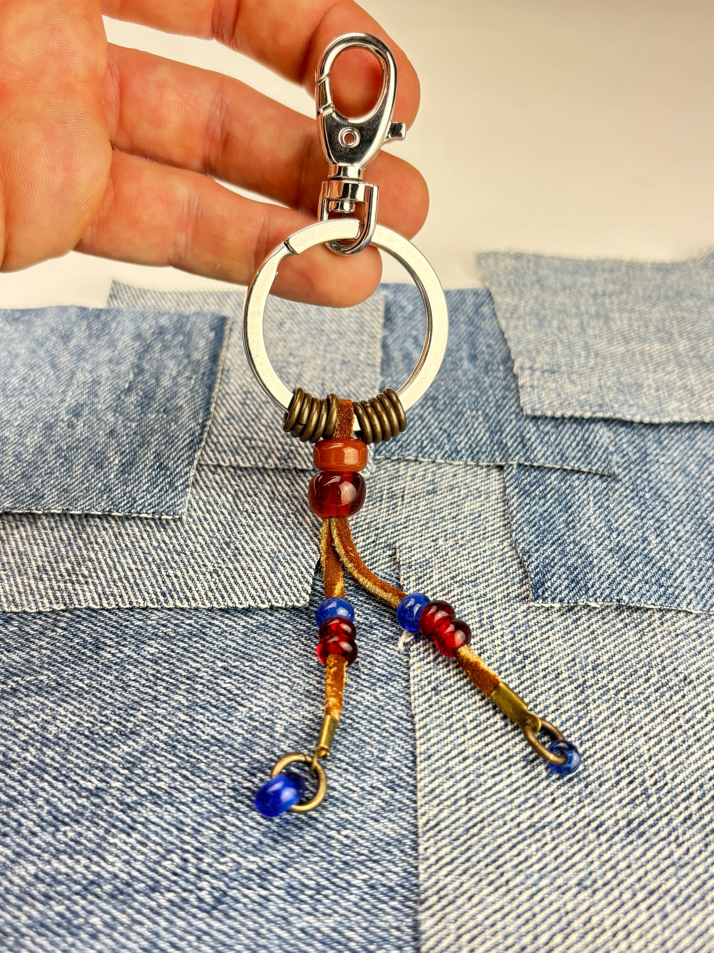 Glass bead and leather key chain