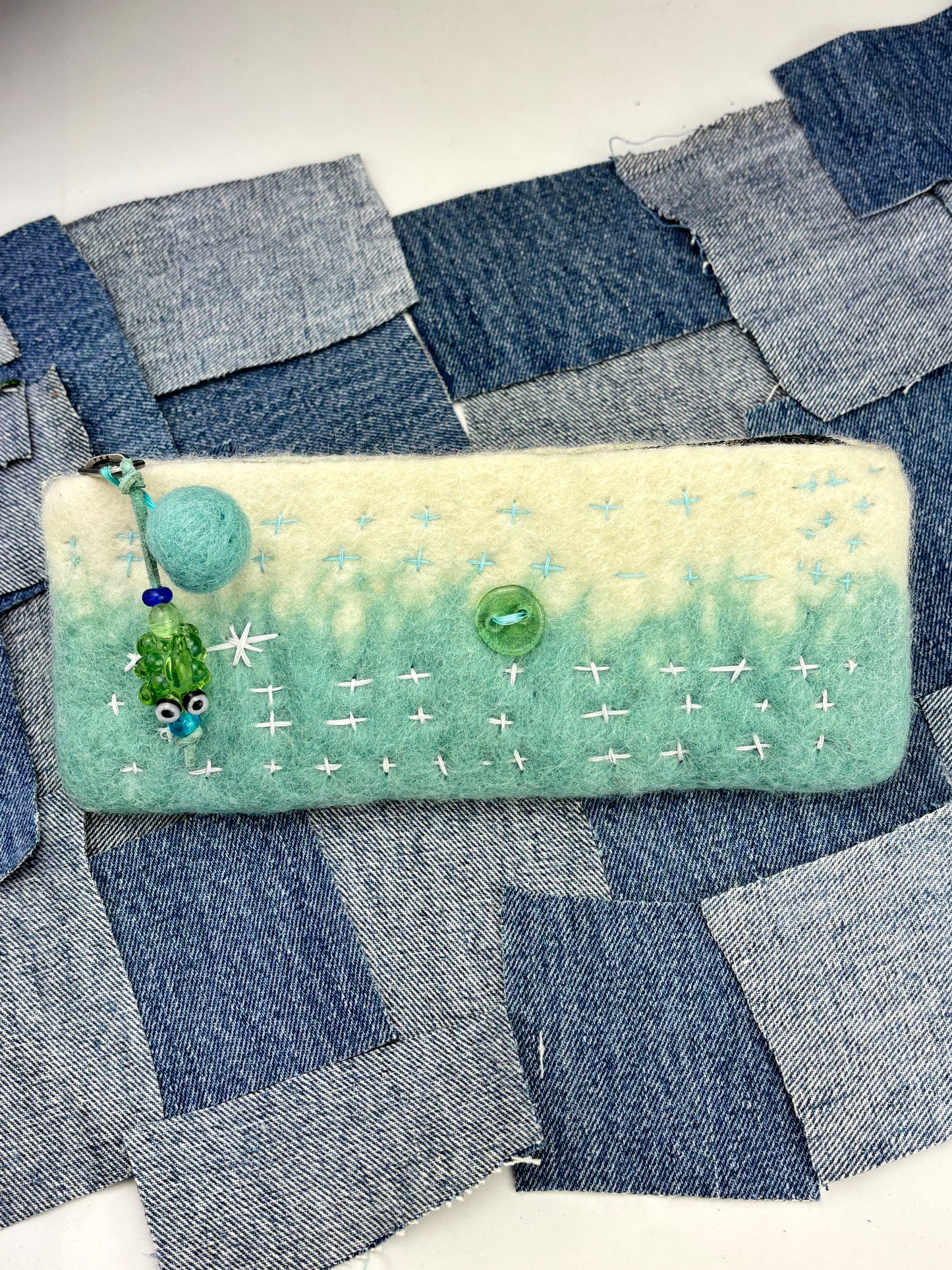 Wool Sashiko long zipper wallet