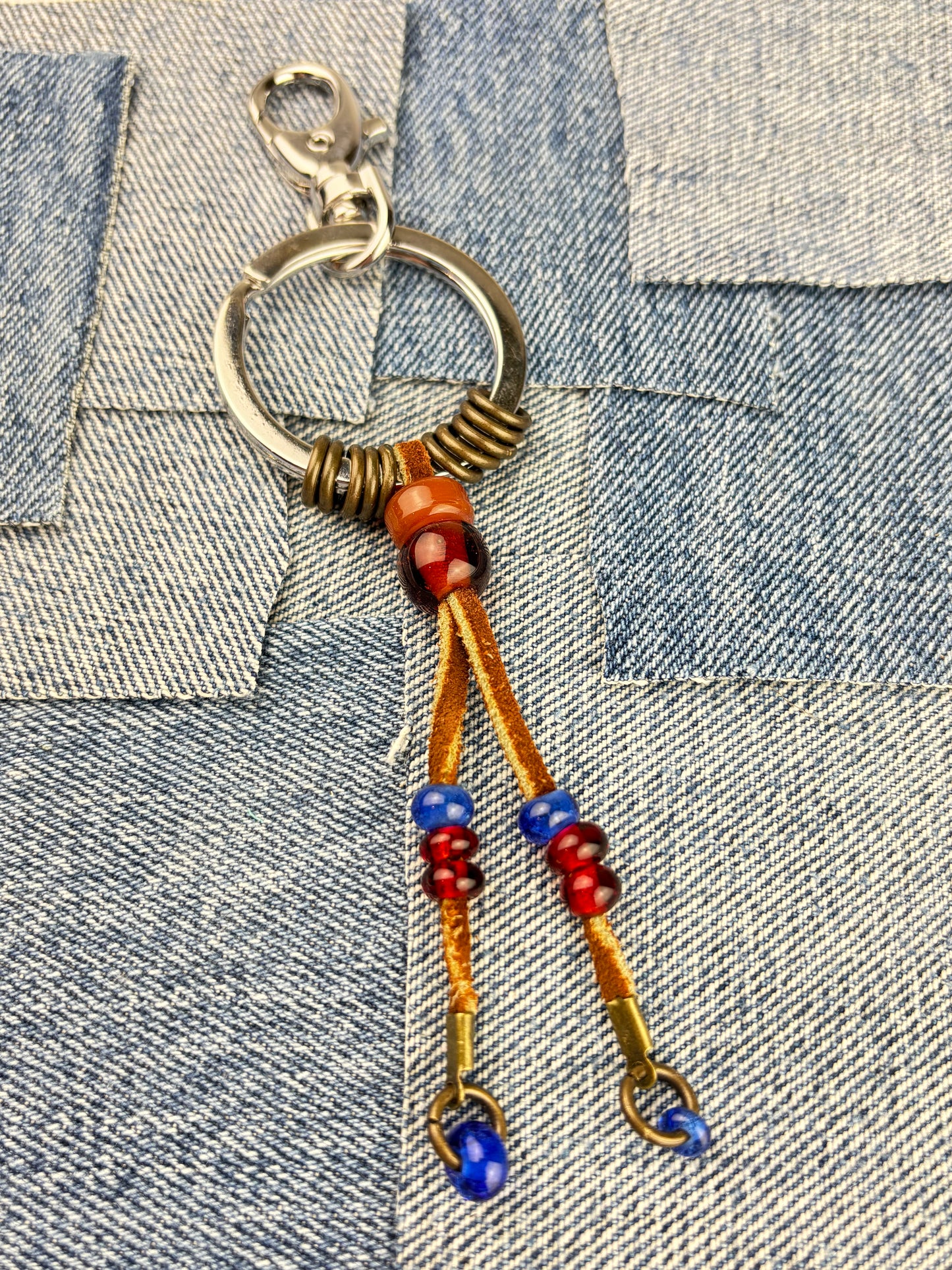 Glass bead and leather key chain